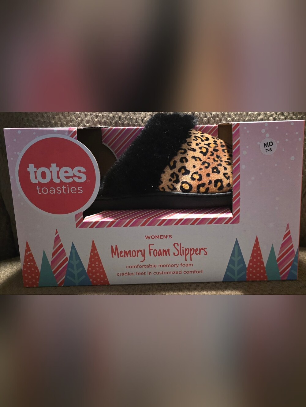 NIB Women’s Totes Leopard Print Memory Foam Slippers with Black Fur Trim